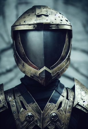 A fictional person, not based on a real person. Portrait of a sci-fi cyberpunk warrior. High-tech futuristic man from the future. The concept of virtual reality and cyberpunk. 3D render.の素材