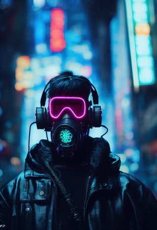 A stalker survivor in a leather jacket and a neon gas mask. Survivor of nuclear war. 3d renderingの素材