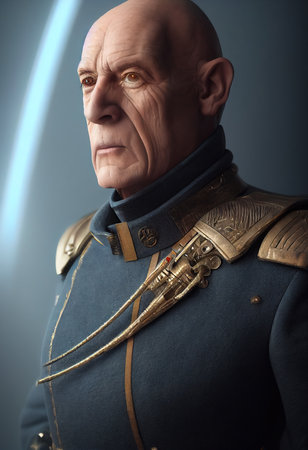 Portrait of a fictional space admiral. Admiral of a spaceship from the future. The concept of space travel. 3D renderingの素材