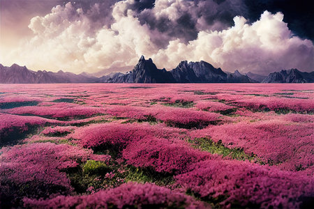 Colorful multicolored bright picture. Painted bright floral valley. Abstract colorful. 3D rendering.の素材