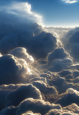 Background of the sky with clouds. Flying through the clouds. 3D rendering.の素材