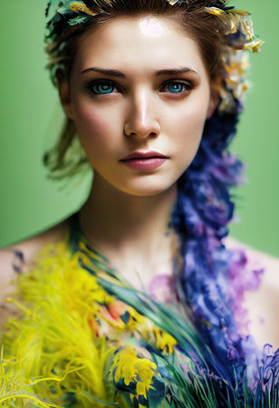 Abstract portrait of a beautiful fictional girl. Fashionable cute woman. Creative beautiful girl. Generative AI Artの素材