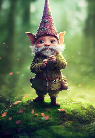 Funny little gnome in a green forest. The concept of fairy tale characters. Generative AI Art.の素材