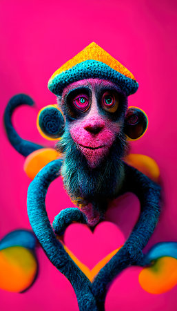 Abstract surrealistic animal in love. Lots of colorful flowers, pink hearts, rainbows and multicolored smoke. Colorful wonderful dream abstraction.の素材