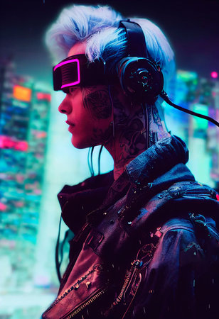 Realistic portrait of a sci-fi cyberpunk men in a cyber suit. High-tech futuristic man from the future. The concept of virtual reality and cyberpunk. 3D render.の素材
