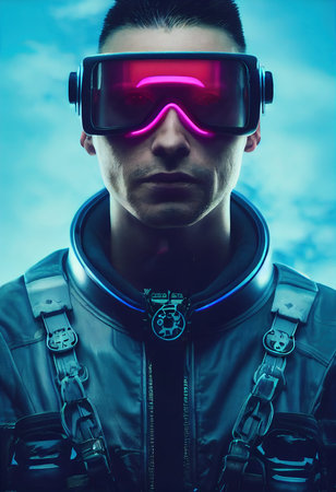 A fictional person, not based on a real person. Portrait of a sci-fi cyberpunk man. High-tech futuristic man from the future. The concept of virtual reality and cyberpunk. 3D render.の素材