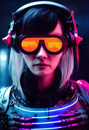 Fictional portrait of a sci-fi cyberpunk girl. High-tech futuristic woman from the future. The concept of virtual reality and cyberpunk. 3D render.の素材
