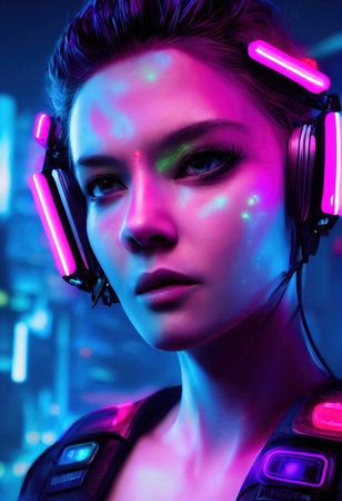 Fictional portrait of a sci-fi cyberpunk girl. High-tech futuristic woman from the future. The concept of virtual reality and cyberpunk. 3D render.の素材