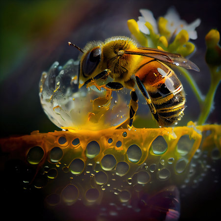 Honeycomb with a drop of honey and a bee. Generative AI Art.の素材