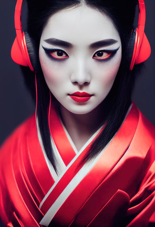 Abstract portrait of a beautiful fictional asian girl. Fashionable cute woman. Creative beautiful girl. Generative AI Artの素材