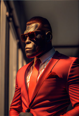 Portrait of a happy business gorilla. Business gorilla in a stylish red suit. Generative AI Art.の素材