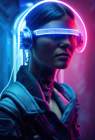 Fictional portrait of a sci-fi cyberpunk girl. High-tech futuristic woman from the future. The concept of virtual reality and cyberpunk. 3D render.の素材