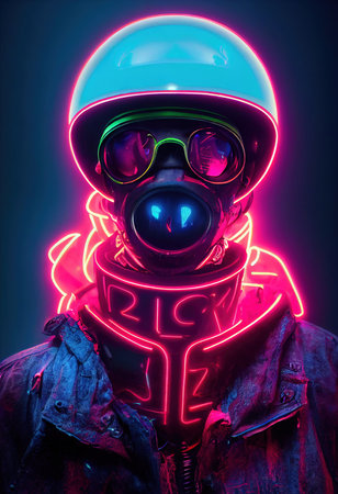 A stalker survivor in protective clothing and an neon gas mask. Survivor of nuclear war. 3d renderingの素材