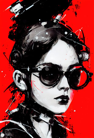 A fictional person, not based on a real person. A portrait of a sci-fi cyberpunk girl wearing fancy glasses. High-tech futuristic woman from the future. The concept of cyberpunk. 3D render.の素材