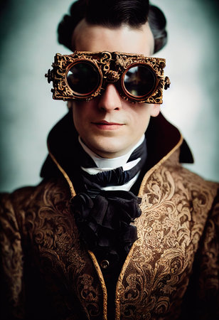 Portrait of a Victorian man wearing virtual goggles. A man from the olden days playing VR games. 3D renderingの素材