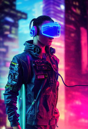 A realistic portrait of a man in neon light wearing a cyberpunk headset and cyberpunk gear. A high-tech futuristic man from the future. The concept of virtual reality and cyberpunk. 3D renderingの素材