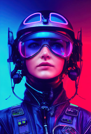 Portrait of a fictional futuristic female pilot in an aviation helmet and pilots suit, against a background of neon lights. 3d renderingの素材