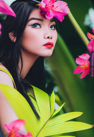 A fictional person, not based on a real person. Abstract colorful portrait of a pretty geisha with beautiful makeup and flowers. Fashionable cute woman. Creative beautiful girl. 3d renderingの素材