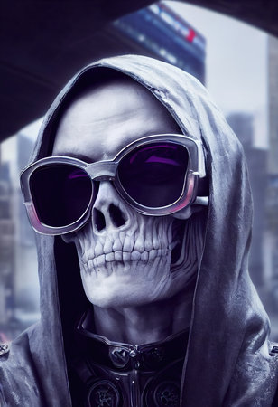 Portrait of a cyberpunk zombie skeleton from hell with fancy sunglasses. Halloween Concept. 3D rendering.の素材