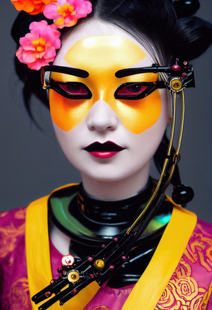 A fictional person, not based on a real person. Portrait of a Victorian steampunk robot with beautiful makeup. Artistic abstract steampunk fantasy. The concept of a vintage robot. 3d renderingの素材