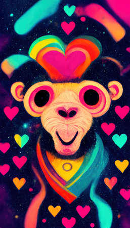 Abstract surrealistic animal in love. Lots of colorful flowers, pink hearts, rainbows and multicolored smoke. Colorful wonderful dream abstraction.の素材