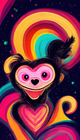 Abstract surrealistic animal in love. Lots of colorful flowers, pink hearts, rainbows and multicolored smoke. Colorful wonderful dream abstraction.の素材