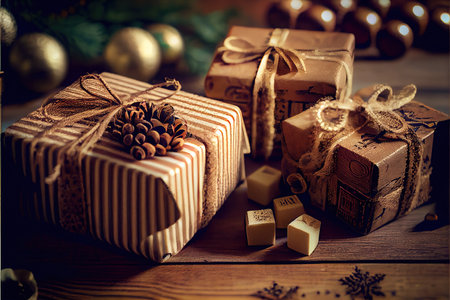 Christmas gifts on festive background. Boxes of gifts on the table. Christmas atmosphere. Generative AI Artの素材