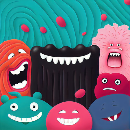 Abstract magical funny cartoon monsters. Lots of colored paint, ink, funny monsters and rainbow colors. Colorful wonderful surrealism of dreams. The concept of dreams and illusions. Generative AI Artの素材