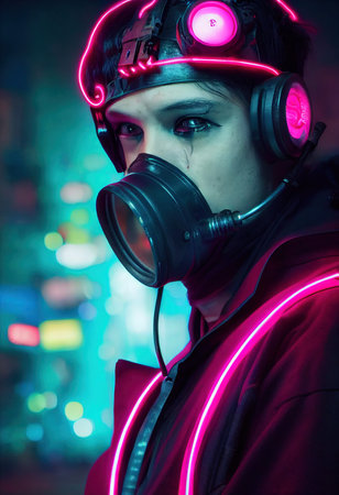 A stalker survivor in protective clothing and an neon gas mask. Survivor of nuclear war. 3d renderingの素材