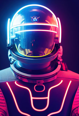 Portrait of an fictional astronaut in neon light in a spacesuit. High-tech astronaut from the future. The concept of space travel. 3D renderingの素材
