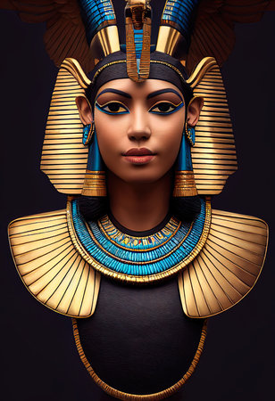 A fictional person, not based on a real person. A beautiful young Egyptian pharaoh with beautiful hair, a golden crown, wearing elegant clothes and jewelry. 3D render.の素材