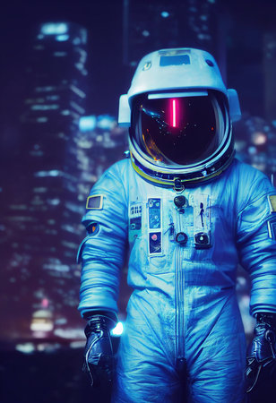 Portrait of an fictional astronaut in neon light in a spacesuit. High-tech astronaut from the future. The concept of space travel. 3D renderingの素材