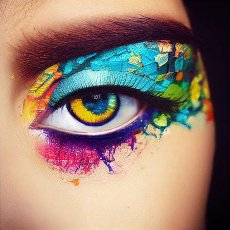 Eye with beautiful makeup close-up. The eye of a fashionable woman with bright colors. 3D rendering.の素材