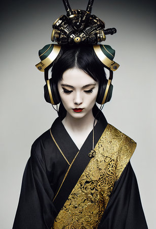 A young beautiful geisha in a kimono and headphones. Portrait of a beautiful geisha in a black and gold kimono. 3D rendering.の素材