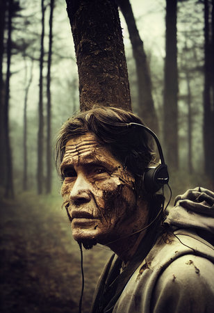 Survivor of an apocalyptic dystopian atmosphere. Survivor of nuclear war. The concept of post-apocalypse. 3d renderingの素材