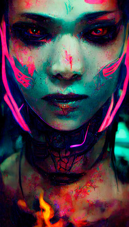 Portrait of a girl in a futuristic cyberpunk style in neon clothes. A high-tech man from the future. The concept of virtual reality and cyberpunk. Perfect for phone wallpaper or for posters.の素材