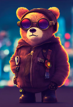 Teddy bear in fancy sunglasses against the backdrop of a modern city. Teddy bear in a jacket and cap. 3d renderingの素材
