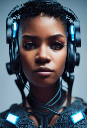 A realistic portrait of a ebony girl wearing a cyberpunk headset and cyberpunk gear. High-tech futuristic man from the future. The concept of virtual reality and cyberpunk. 3D renderの素材