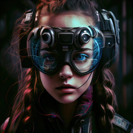 Portrait of a sci-fi cyberpunk girl. High-tech futuristic woman from the future. Generative AI Art.の素材