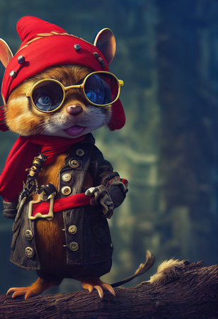 Portrait of a brutal chipmunk pirate. Medieval pirate chipmunk in a vintage costume against a forest background. 3D rendering.の素材