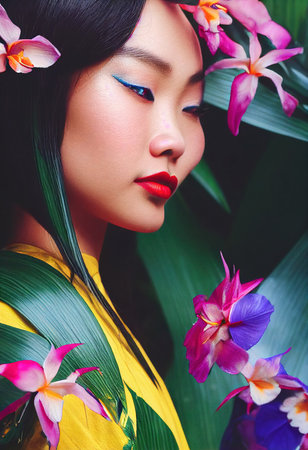 Abstract portrait of a beautiful fictional asian girl. Fashionable cute woman. Creative beautiful girl. Generative AI Artの素材