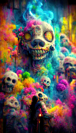 Abstract magical funny cartoon monster. Lots of colored paint, ink, funny monster and rainbow colors. Colorful wonderful surrealism of dreams. The concept of dreams and illusions.の素材