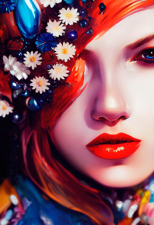 A fictional person, not based on a real person. Abstract colorful portrait of a beautiful girl with flowers. Fashionable cute woman. Creative beautiful girl. 3d renderingの素材