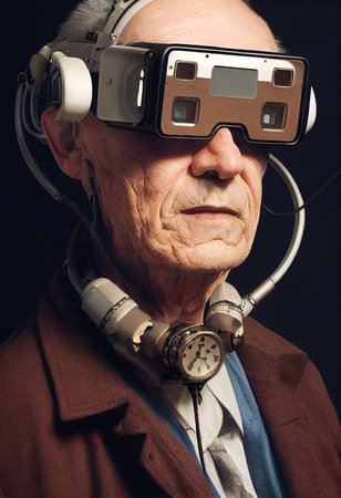 Fictional portrait of a grandfather in a futuristic cyberpunk style with a cyber headset. A high-tech man from the future. The concept of virtual reality and cyberpunk. 3D renderの素材
