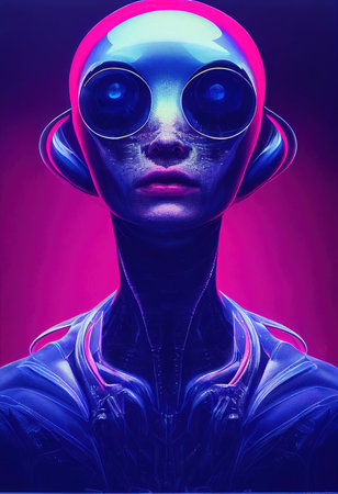 Creepy alien invader against a background of blurry lights. The concept of an alien from an alien planet. 3D renderの素材