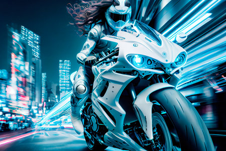 Portrt of a girl on a motorcycle from a sci-fi cyberpunk. A high-tech woman from the future. Generative AI Art.の素材