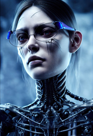 Portrait of a futuristic female robot. An artistic abstract steampunk fantasy. Concept of a modern robot. 3d renderingの素材