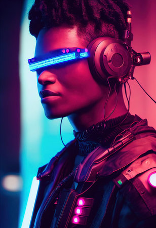 A realistic portrait of a man in neon light wearing a cyberpunk headset and cyberpunk gear. A high-tech futuristic man from the future. The concept of virtual reality and cyberpunk. 3D renderingの素材