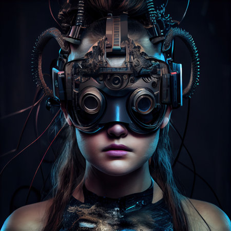 Portrait of a sci-fi cyberpunk girl. High-tech futuristic woman from the future. The concept of virtual reality and cyberpunk. Generative AI Art.の素材