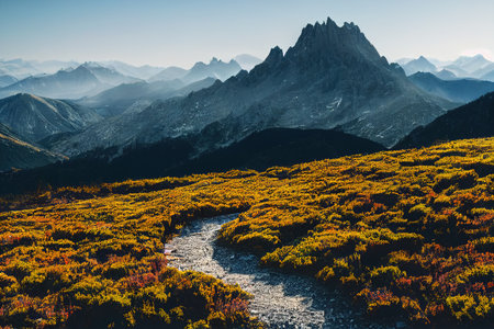 Beautiful ancient mountains on a sunny clear day. Mountains and hills in the sunlight and in the mist. 3D rendering.の素材